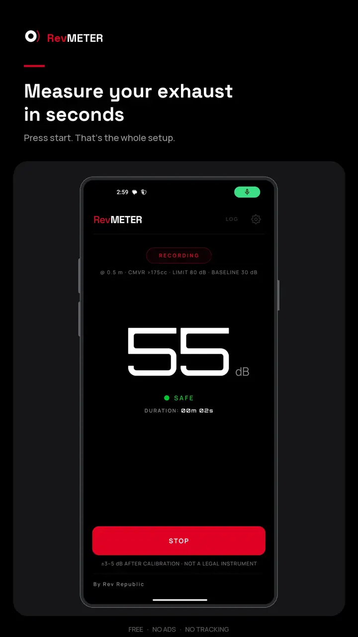 Live measurement showing 55 decibels while recording